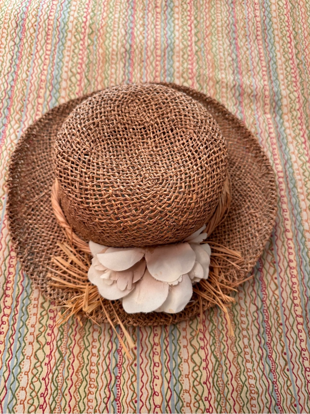 Straw Sun Hat with Cream Flower Accent - Women Accessories